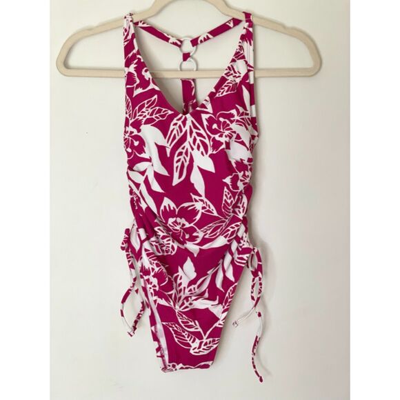Kona Sol Pink Floral Vneck One Piece Swimsuit Size XS NEW with tag - Picture 1 of 11